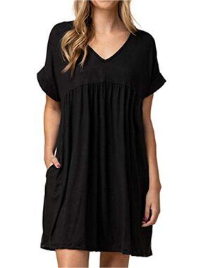 Women's Casual Swing Dress with Pockets V-Neck Short Sleeve Summer T-Shirt